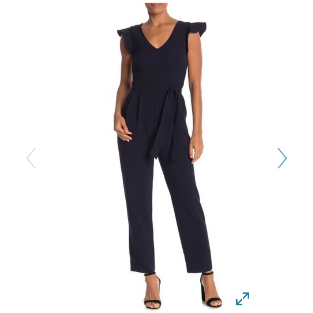 V neck ruffle navy jumpsuit